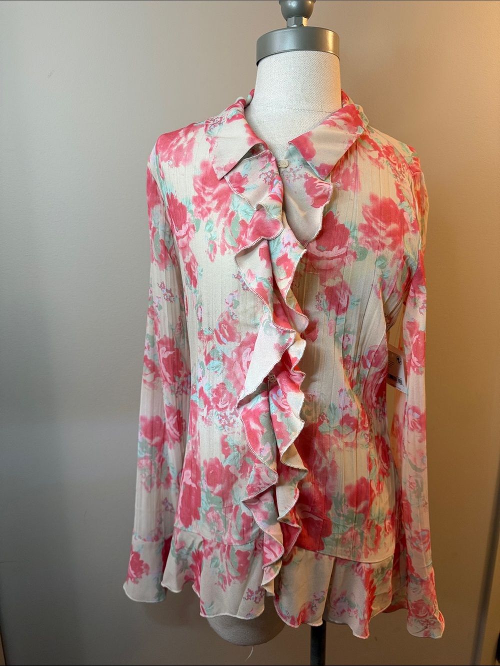 Free People Bad, At Love, floral, ruffle, blouse, pink, and cream